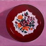 painting of a red plate with floral patterns on a pink background
