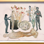 Painting on paper of stone statues, people, and flowers
