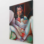 Painting of a woman with long wavy dark brown hair. There is an hand grabbing her exposed breast and another hand on exposed genitals.