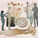 Painting on paper of stone statues, people, and flowers