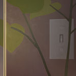 detail of a painting on a wooden room divider by artist Adrian Kay Wong depicting layered composition of an interior setting with two individuals sitting at a table, obscured by a partially opened door and door frame respectively