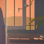 detail of a painting on a wooden room divider by artist Adrian Kay Wong depicting layered composition of an interior setting with two individuals sitting at a table, obscured by a partially opened door and door frame respectively