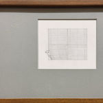 Framed drawing of a person peeking out from a window with blinds covering it