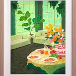 Pastel drawing of a tinted green room with couches and a table with food on it