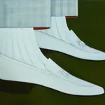 painting of feet in slim ice blue loafers on a dark green background