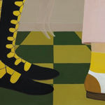 Angela Burson painting depicting two pairs of feet standing on a green and yellow checkerboard floor. Between them is a faintly visible pair of small floating feet.