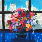 Pastel drawing of rainbow colored flowers in a vase in front of a window