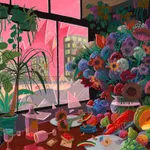 Pastel drawing of a shattered glass window and a table with food, flowers, and glass on it