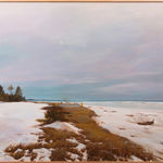 Landscape painting of a frozen lake with an above ground pool that is has a small fire in it and two people in hazmat suites are standing near the ledge