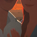 painting by artist Adrian Kay Wong depicting a close up composition of a couple backlit during a sunset