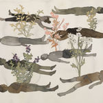 Painting on paper of 6 figures laying down with flowers blooming out of their bodies