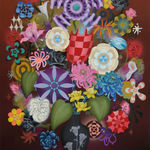 Casey Gray - Spray Painting of vibrant flowers in vase in front of black and red gradient background.