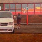 Painting of a Family Dollar store parking lot with two white vans parked in the lot and person holding balloons in their hand approaching one of the white vans
