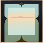 Painting by Madeleine Tonzi with a muted green,blue, and orange palette and black border