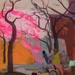 Painting of a pink and brown tree landscape with three figures in the bottom right