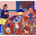 Red, blue, and yellow painting of two girls sitting at a table making crafts.