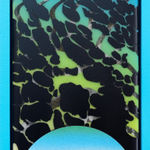 blue and green background with black splatter type pattern in foreground with blue half circle on the bottom in blue frame