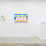 Install image of "Cosmic Bloom." From left to right, "Wall Frond," "Bouquet Painting No. 45," Rachel Strum's SLICE sculptures.