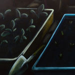 detail of Grace Tobin painting - sprouts in containers in the dark