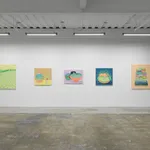 Install photo of Danym Kwon's "A Soft Day." From left to right, "Warm Greeting,""I Wish You Are," "Listening to You," "Heart to Heart," "You Smiled, and Sparkling Light Shined on the Water."