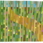 Painting of an abstract yellow road in a green grass field