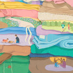 detail photo of a painting of folded laundry with scenes hidden in them