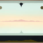 painting by Madeleine Tonzi of a landscape in neutral greens, blues, and pinks with a black border at the bottom