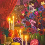 Pastel drawing of fruits, vegetables, and candles in front of a window with red curtains