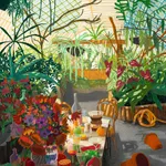 Pastel drawing of a table with flowers and food on it in a greenhouse