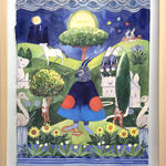 Framed Painting on paper of a ram in a blue coat standing on a hill surrounded by trees and white horses