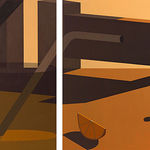 Diptych still life painting of a breakfast table. On the left canvas, titled Juice, is a cup of juice with a straw, a black water kettle and a vase with a round orange flower. On the right canvas, titled Coffee, is an orange slice, a cup of coffee with a spoon and a pour over coffee filter. There is the head of a chair in the background