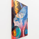 Painting of a ghost like figure floating amongst trees and a planet