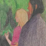 Drawing of two women's profiles as they stand in front of green trees