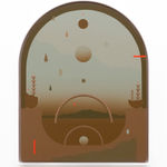 Madeleine Tonzi - brown and teal shades painting of floating arches, water drops, orbs, and other. shapes passes the landscape in the back.