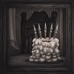 black and white painting on a cake with candles sitting on a table