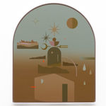 Madeleine Tonzi - brown and teal shades painting of floating and stacking landscape with other shapes represented water drops, sun, moon, and stars.