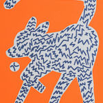 Painting of an outline of a dog chasing a ball in white with dark blue lines on an orange background