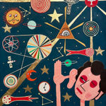 drawing by artist James Eddy depicting a person peering out a universe-related iconography