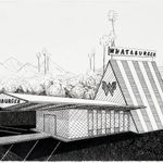 Erik Parra - drawing of a burger shop in black and white.