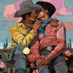 Painting of two male figures embracing each other and kissing. They are both wearing western clothing with cowboy hats and bandanas around their necks. In the background is a desert landscape with cactus and pink clouds.