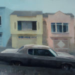 Kim Cogan painting of vintage car in foreground, pastel San Francisco homes in background