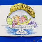 hyper realistic painting by artist Sara Suppan depicting a sketchbook with a rudimentary sketch of a fruit bowl with a spotted banana holding the pages open against a deep blue background with pencil shavings beside it