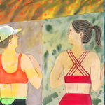 Painting on paper of two women running with a colorful rectangle background