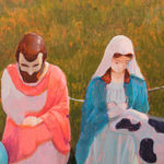 Painting of two photos showing the front and back of lawn decorations including Joseph and Mary, the Easter Bunny, two Easter Eggs and a cow