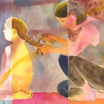 Painting on paper of a woman kneeling on the ground braiding a child's hair
