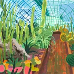 Pastel drawing of a marble sculpture and plants in a greenhouse