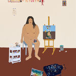 painting of a large nude woman in a beige room, seated in front of an easel with a painting in progress. The room is relatively bare besides a shelf with many erotic objects and tchotchkes, and miscellaneous art supplies by Gina M. Contreras
