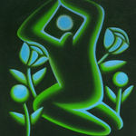 painting by jocelyn staid on a dark green figure kneeling with a light green and blue glow around it, with blue and green flowers on either side