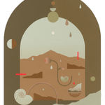 Madeleine Tonzi - brown and teal shaded painting of floating flowers, shells, water drops, and abstract shapes in front of a landscape in arch frame.