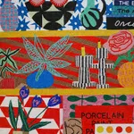 Mosaic still life of three shelves with several plants, books and candles.